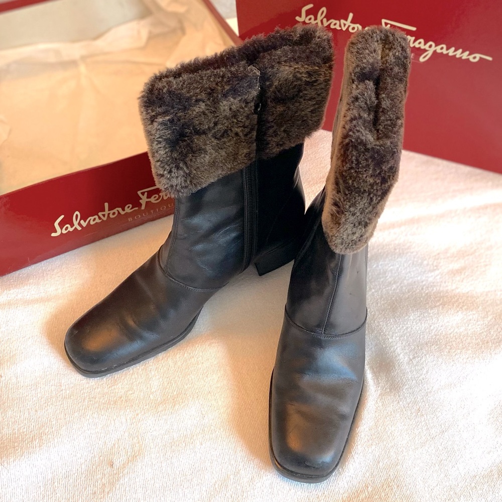 Ferragamo Brown Leather Ankle Boots with Faux Fur